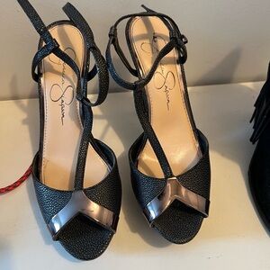 Jessica Simpson Black and Silver Strappy Heels